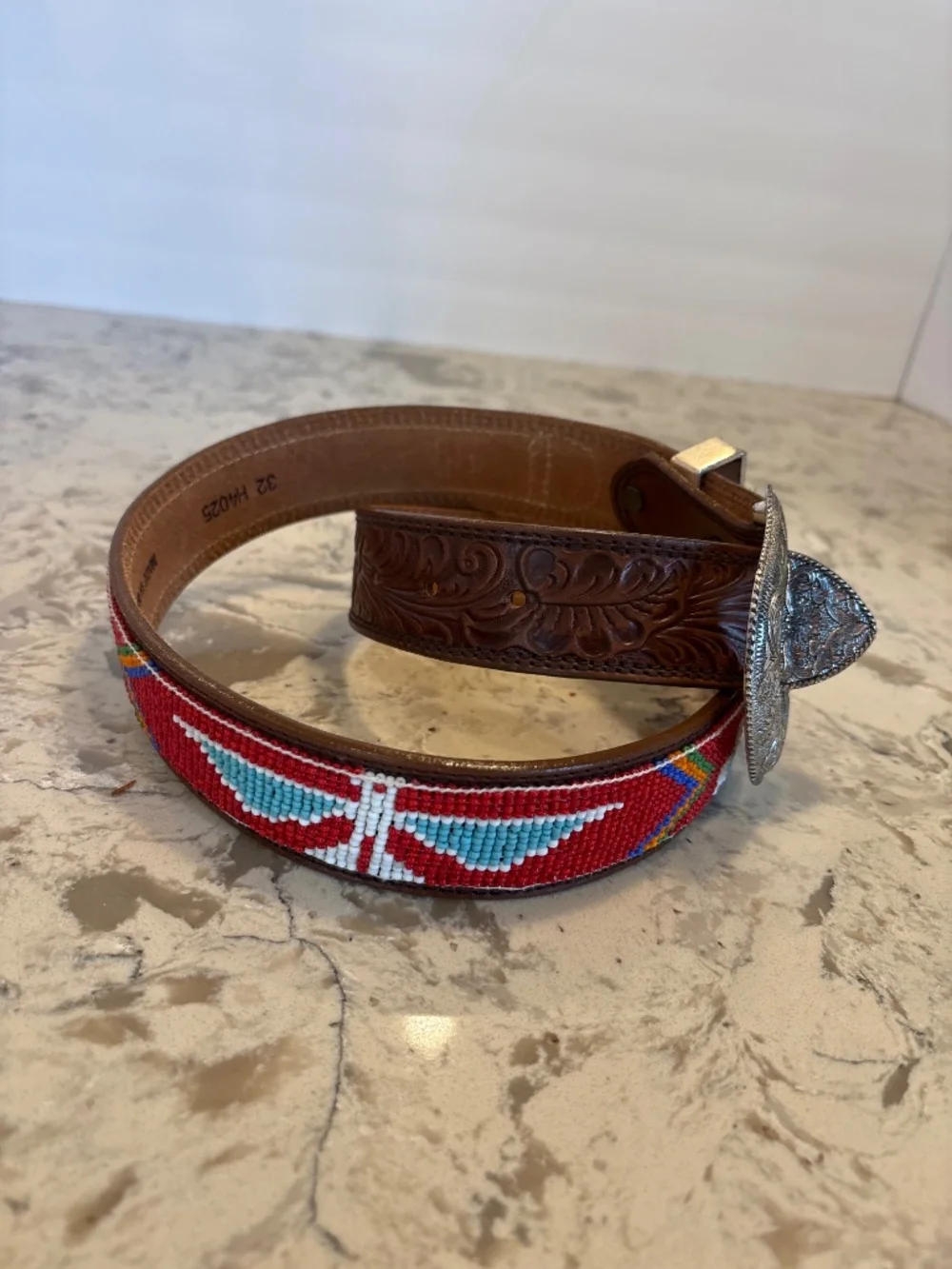 Vintage Western Tooled Leather Beaded Belt Red Turquoise SW USA Size 32